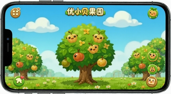 优小贝果园 安卓手机 清新果园界面 中央果树 背景蓝天白云 卡通风格 明亮色彩 手机屏幕展示 休闲游戏场景