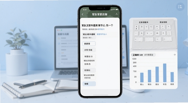 军队文职牛题库章节练习界面,手机屏幕显示题目和选项,旁边有答题卡和正确率统计图表,背景为淡蓝色学习场景,画面清晰简洁