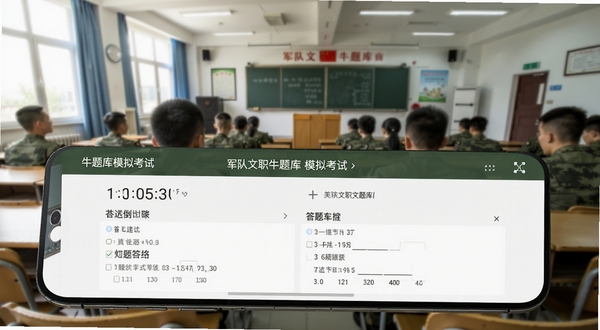 军队文职牛题库模拟考试界面,手机横屏显示考试倒计时和答题卡,背景为考场教室场景,光线明亮,突出考试氛围