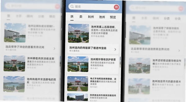 我的池州 本地资讯页面预览图 手机界面中滚动展示池州新闻列表 每条新闻配有缩略图与标题 顶部有搜索栏和分类标签 背景为浅灰色 界面清爽干净