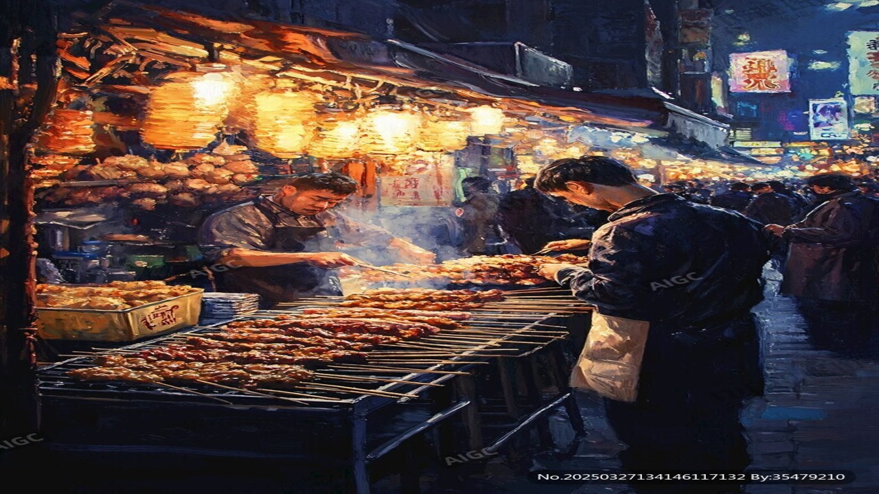我的美食街夜间烧烤摊热闹场景