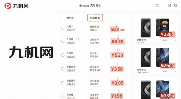 九机网实时报价界面展示,画面中心是手机价格对比列表,左侧显示九机网Logo,右侧展示多款手机型号与价格标签,背景为白色简洁风格,适配Boogu模型生成