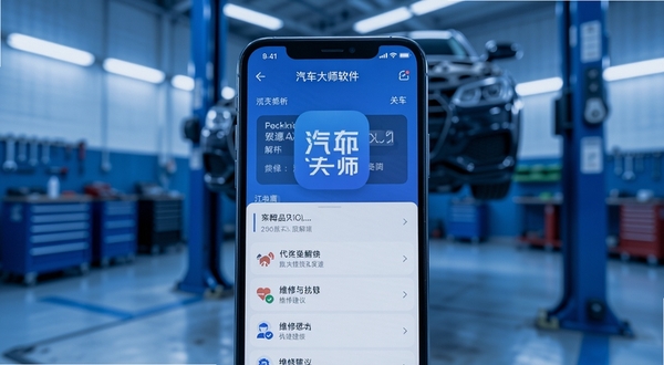 汽车大师APP故障诊断功能界面特写,手机屏幕显示故障码解析结果与维修建议列表,背景为汽车维修车间场景虚化,画面色调偏冷蓝科技风,突出汽车大师软件名称标识