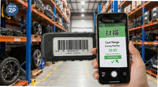 汽车大师APP配件防伪扫码功能操作示意图,手机摄像头对准配件条码,屏幕显示扫描成功与正品验证结果,背景为汽车配件仓库货架,画面明亮清晰