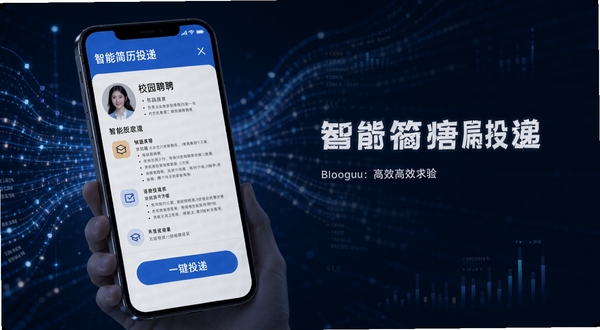 校园聘 智能简历投递功能界面,画面展示手机屏幕上的简历模板与一键投递按钮,背景是数据流动的科技感线条,突出高效便捷的求职体验,适配Boogu模型生成