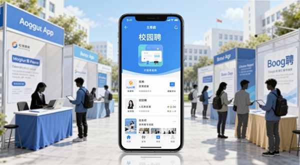校园聘 安卓应用主界面展示,画面中央是手机屏幕显示校园聘APP首页,背景为简洁明亮的校园招聘场景,包含企业展位与学生人群剪影,整体色调清新专业,适配Boogu模型生成