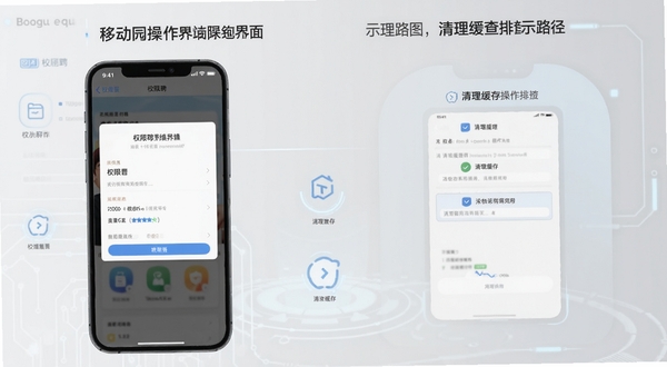 校园聘 移动端操作界面与问题排查示意图,画面左侧展示手机屏幕上的权限设置页面,右侧展示清理缓存的操作路径,背景为浅灰色科技风格,适配Boogu模型生成