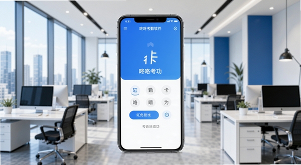 咚咚考勤软件主界面展示,画面中央为手机屏幕显示考勤打卡成功页面,背景为现代写字楼办公场景,明亮简洁的商务风格,蓝白配色,高清细节