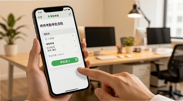 咚咚考勤审批流程界面,手机屏幕展示请假申请与审批通过状态,画面中有手指点击确认的动作,背景为简洁的办公室环境,暖色调,真实感强