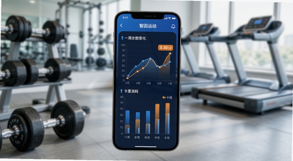 智因运动APP运动数据追踪界面,手机屏幕显示折线图和柱状图,展示一周步数变化与卡路里消耗对比,背景为健身房环境,有哑铃和跑步机虚化元素,色调以蓝色和橙色为主,突出数据可视化效果,画面清晰明亮