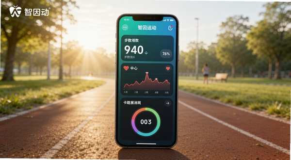智因运动APP主界面展示,画面中央是一部智能手机,屏幕上显示运动数据仪表盘,包含步数统计、心率曲线和卡路里消耗环形图,背景为清晨公园跑道场景,阳光柔和,整体色调清新活力,突出智因运动品牌标识,画面比例16:9,高清质感