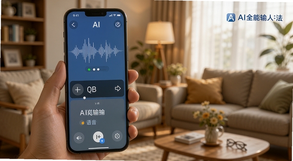 AI全能输入法语音输入界面,手机屏幕显示声波和转文字过程,背景为温馨家居环境,AI全能输入法品牌标识清晰可见
