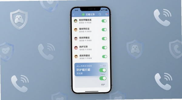 拒扰熊骚扰电话拦截软件主界面全貌展示,画面中央为手机屏幕正视图,屏幕内呈现拦截记录列表与防护开关面板,背景为柔和的蓝灰色渐变,四周点缀盾牌与电话图标元素,整体风格简洁科技感,适配Boogu模型生成,alt=