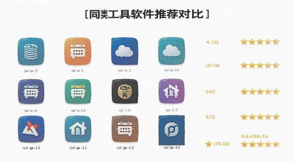 同类工具软件推荐对比表格 简洁商务风格 浅色背景 软件图标排列 评分星级 扁平化设计 信息图表