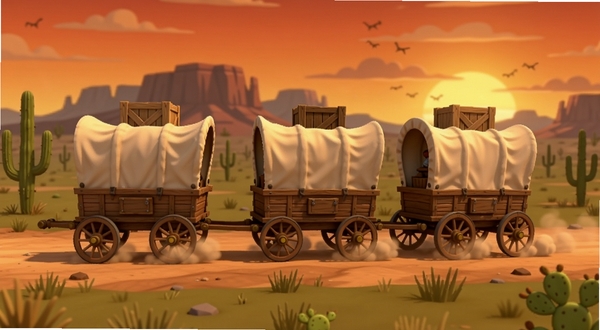 Wagons of Fortune游戏主界面全景,画面中央展示一支由三辆木质篷车组成的车队行驶在西部荒野的土路上,背景区域包含远山、仙人掌与落日余晖,天空呈现橙红色渐变,整体色调温暖复古,细节包含车轮扬起的尘土与车顶堆放的货箱,风格为美式卡通渲染,适配Boogu模型生成