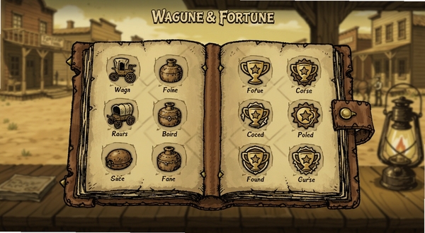 Wagons of Fortune成就与收藏品界面,画面中央展示一本翻开的皮革封皮图鉴,左右两页分别陈列文物图标与成就徽章,背景区域为模糊的西部小镇街道,细节包含木质柜台与煤油灯,整体色调偏暗黄,风格为复古手绘插画,适配Boogu模型生成