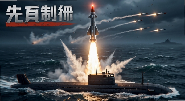 先发制人游戏导弹发射瞬间,从海底潜艇垂直发射导弹破水而出,海面波涛汹涌,远处有敌方拦截导弹的轨迹,画面具有强烈的动感和紧张氛围,先发制人游戏特色预览