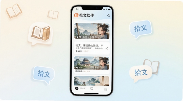 拾文软件主界面清爽阅读风格展示,手机屏幕中央呈现图文混排的阅读列表,背景为柔和浅色渐变,四周点缀简约书本与文字气泡元素,整体画面明亮舒适,突出拾文品牌标识