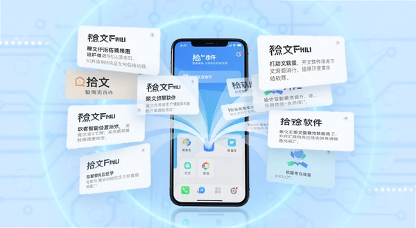 拾文软件智能聚合功能展示,画面中央是多个来源的文字卡片汇聚到一个手机应用界面中,背景为淡蓝色科技感光晕,卡片上有清晰的标题与摘要,整体风格简洁明快