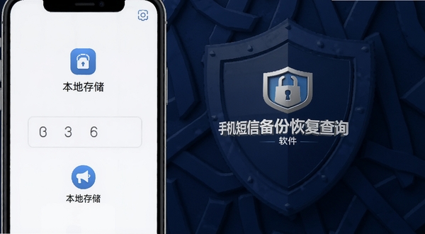 手机短信备份恢复查询的隐私安全锁功能界面,手机屏幕显示密码输入框与本地存储图标,背景为深蓝色盾牌纹理,画面中央有手机短信备份恢复查询软件名称标识,风格安全可靠