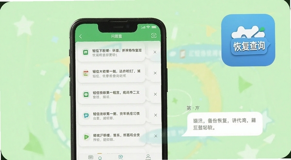 手机短信备份恢复查询的问答帮助界面,手机屏幕显示常见问题列表与对话气泡,背景为浅绿色清新风格,画面中有手机短信备份恢复查询软件图标,适配Boogu模型生成
