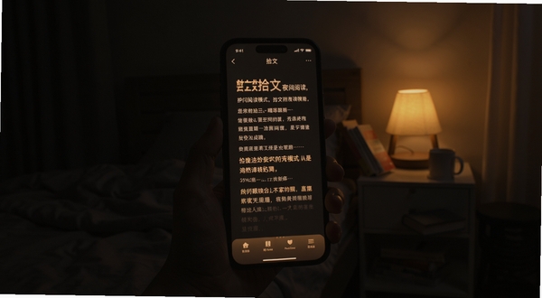 拾文夜间阅读模式界面展示,深色背景上呈现清晰柔和的文字段落,手机屏幕发出温暖微光,周围环境为暗色卧室场景,突出护眼舒适氛围