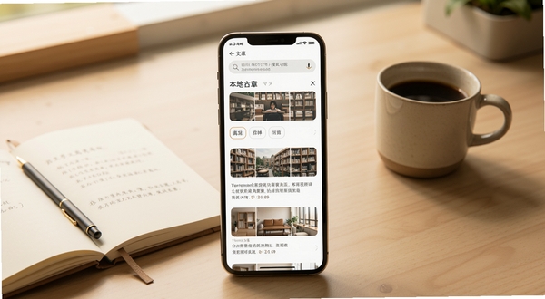 拾文离线保存与搜索功能展示,手机界面显示搜索框和本地文章列表,背景为简约书桌场景,旁边有笔记本和咖啡杯,整体色调温暖自然