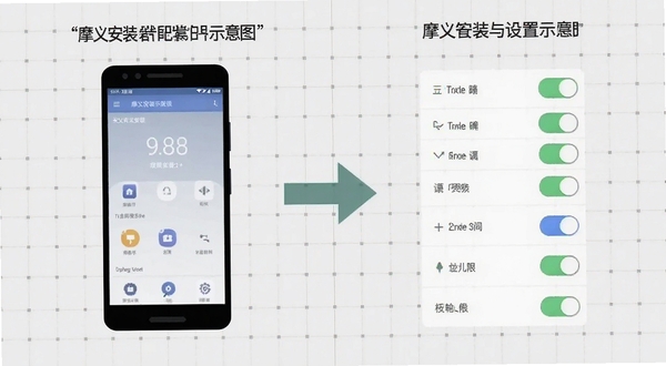 摩义安装与权限设置示意图,画面分为左右两部分,左侧为手机安装界面,右侧为权限管理开关列表,中间用箭头连接,背景为浅灰色网格,风格扁平化说明图