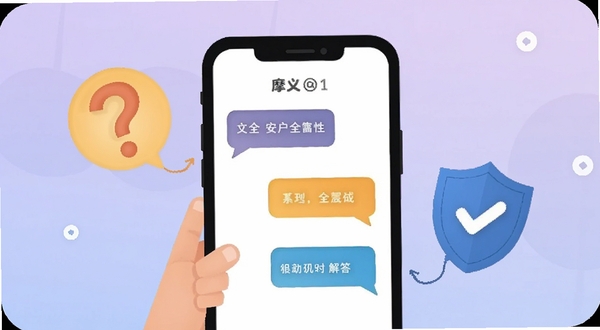 摩义用户问答场景插画,手机屏幕显示问答对话气泡,旁边有问号与盾牌图标,背景为淡紫色渐变,风格轻松友好,突出安全与解答主题