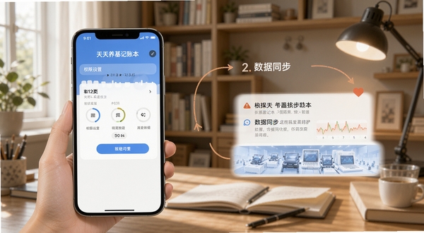 天天养基记账本移动端使用教程示意图,画面展示手机屏幕内权限设置与数据同步界面,背景为书房环境,突出操作步骤与提示信息,适配Boogu模型生成