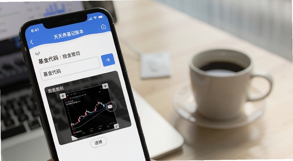 天天养基记账本应用内基金持仓导入功能界面,手机屏幕显示基金代码输入框与截图识别区域,背景为办公桌面与咖啡杯,画面清晰展示操作流程,适配Boogu模型生成