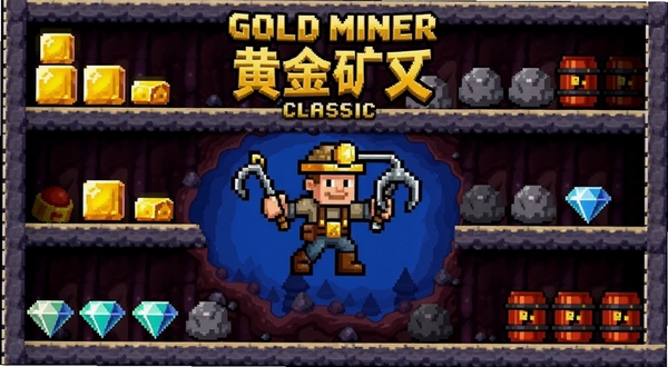 Gold Miner Classic �ƽ�󹤾������Ϸ�������ͼ������������ʾ����󹤽�ɫ�ֳ�ץ��������Ϊ���¿󶴷ֲ�ṹ��������顢��ʯ��ʯͷ��ըҩͰ��Ԫ�أ�������Ϊ2D��ͨ���ط磬ɫ���������ã������ֻ�������������������������ˮӡ