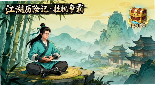 一款名为江湖历险记挂机争霸的手机游戏主界面,画面中央偏左位置展示一位身着青衫的武侠角色正在竹林间打坐修炼,背景区域为层叠的远山与古典中式建筑群,右上角悬浮着离线收益宝箱图标,整体色调以青绿与暖黄为主,国风手绘质感,适配Boogu模型生成