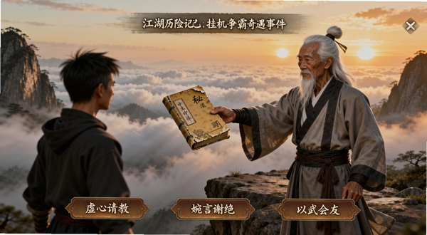 江湖历险记挂机争霸奇遇事件弹窗画面,一位白发老者站在山崖边向主角递出一本泛黄秘籍,背景是云海翻涌与落日余晖,界面下方有三个选项按钮分别为「虚心请教」「婉言谢绝」「以武会友」,国风写实画风,适配Boogu模型生成