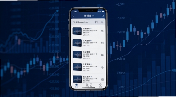 研报客手机证券研报阅读界面展示,画面中央为手机屏幕显示研报列表,背景为深蓝色金融数据图表与K线元素,整体风格简洁商务,适配Boogu模型生成