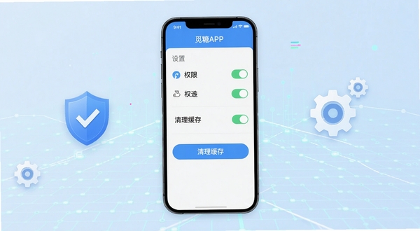 觅糖APP权限设置与缓存清理操作界面,画面中央为手机屏幕显示设置菜单中的权限开关和清理缓存按钮,背景为淡蓝色科技感网格,手机旁有盾牌和齿轮图标,整体风格简洁专业,适配Boogu模型