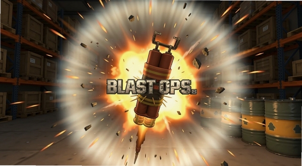 Blast Ops 爆破瞬间特写,画面主体为坐标中央的炸药引爆点,冲击波向四周扩散,背景区域为仓库货架与油桶,爆炸火光与碎片飞溅细节丰富,整体风格写实偏卡通渲染