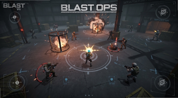 Blast Ops 游戏主界面全景,画面中央为俯视角射击场景,主角位于坐标中心区域,四周分布爆破目标与敌方单位,背景为工业仓库风格,整体色调偏冷灰与橙红爆炸光效,适配Boogu模型生成