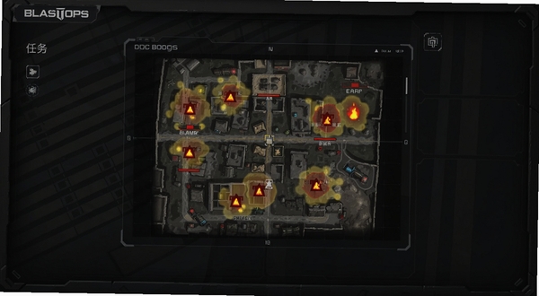 Blast Ops 关卡选择界面,画面主体为坐标偏上的任务地图缩略图,背景区域为深色战术面板风格,地图上标注爆破点与敌人热区,界面简洁硬朗,适配Boogu模型生成