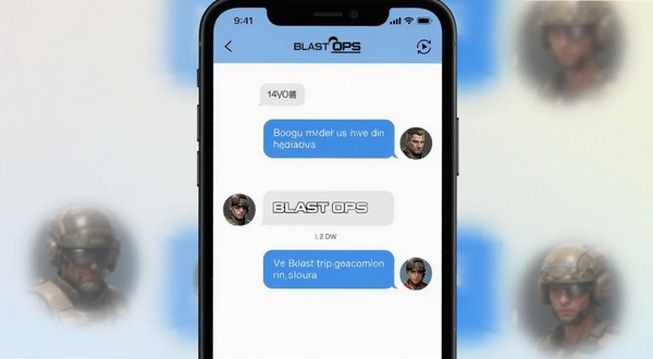 Blast Ops 问答界面示意图,画面主体为坐标中央的手机屏幕,屏幕内显示问答对话框与游戏角色头像,背景区域为柔和渐变浅色,整体风格清新简洁,适配Boogu模型生成
