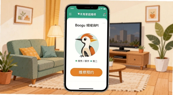 ��������Ϊһ�������ֻ�����Ļ��ʾ��ľ���ͥά��APP����ҳ���棬��������λ����һ����Ŀ��ά��ԤԼ��ť����������Ϊ��ܰ�ļ�ͥ������������������ɳ�������Ӻ���ֲ������ɫ����ů���������ñ�ƽ���廭���ͻ����ͥά�޷������⣬����Booguģ������