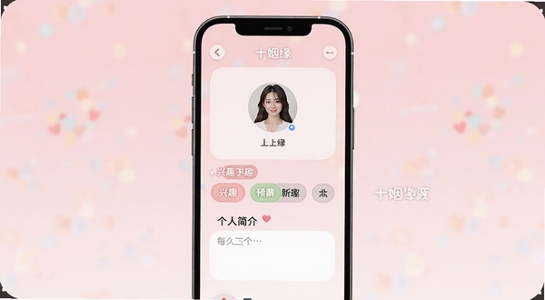 画面中央展示十姻缘个人资料编辑页面,手机屏幕中显示头像上传区域、兴趣标签选择按钮与个人简介输入框,背景为浅粉色渐变,界面元素圆润友好,图片alt为十姻缘预览图