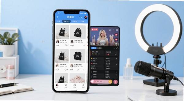 来推荐店播宝应用主界面全貌展示,画面中央为手机屏幕正视图,屏幕内呈现商品推荐列表与直播数据面板,背景为浅蓝色渐变的工作台桌面,桌面右侧摆放环形补光灯与麦克风,整体风格简洁明亮,适配电商直播场景