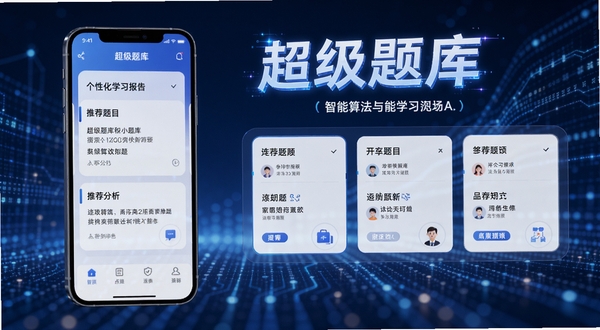 超级题库智能推题界面预览图,手机屏幕显示个性化学习报告与推荐题目卡片,背景为科技感蓝色数据流,画面中有超级题库字样浮现,突出智能算法与学习分析的视觉效果