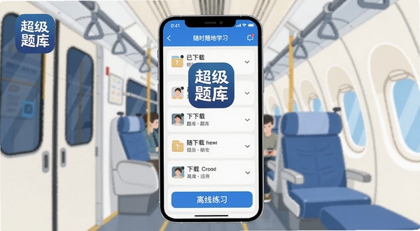 超级题库离线刷题模式场景图,手机显示已下载题库列表与离线练习按钮,背景为地铁车厢或飞机客舱的简约插画风格,画面中有超级题库图标,突出随时随地学习的便捷性