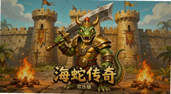 海蛇传奇(欢乐版)游戏登录界面展示,画面中央是手持屠龙宝刀的战神角色,背景为沙巴克城墙与燃烧的篝火,整体色调偏复古暗金,适配Boogu模型生成
