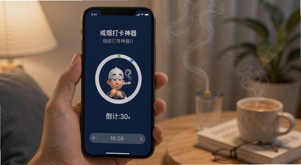 戒烟打卡神器 烟瘾应对界面 呼吸引导动画 倒计时圆环 手机屏幕 深蓝背景 放松氛围