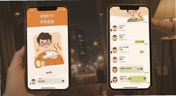 戒烟打卡神器 好友监督界面 社区互动 手机聊天列表 温暖橙色调 扁平插画风格