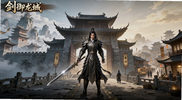 剑御龙城游戏主界面全景展示,画面中央为身着玄色战甲的男性剑修角色手持长剑立于龙城城门之前,背景左侧为云雾缭绕的仙山楼阁,右侧为繁华的古代城镇街道,整体色调以青灰与暖金为主,国风写实风格,高细节,16:9横版构图