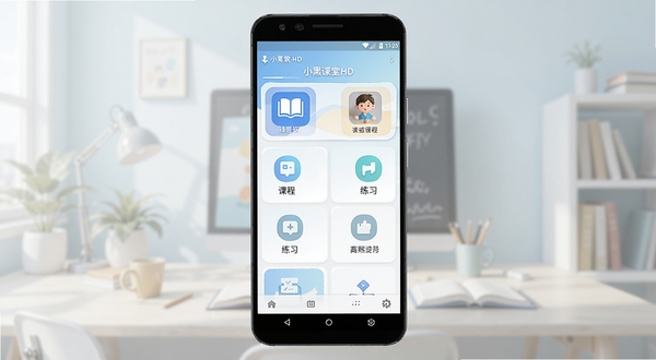 小黑课堂HD应用主界面全貌展示,画面中心为软件首页功能区布局,背景为浅色渐变学习场景,包含课程入口与练习模块图标,整体风格简洁清爽,适合安卓手机竖屏显示